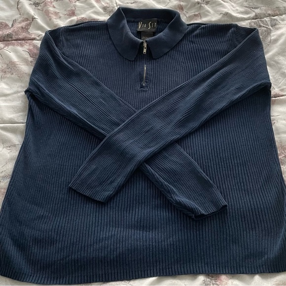Via Seta silk blend navy blue ribbed collared 1/4 zip sweater, size M Minimalist - Picture 8 of 11
